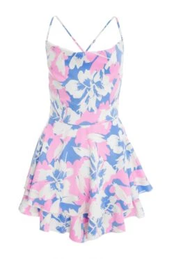 Petite Blue Satin Floral Print Playsuit