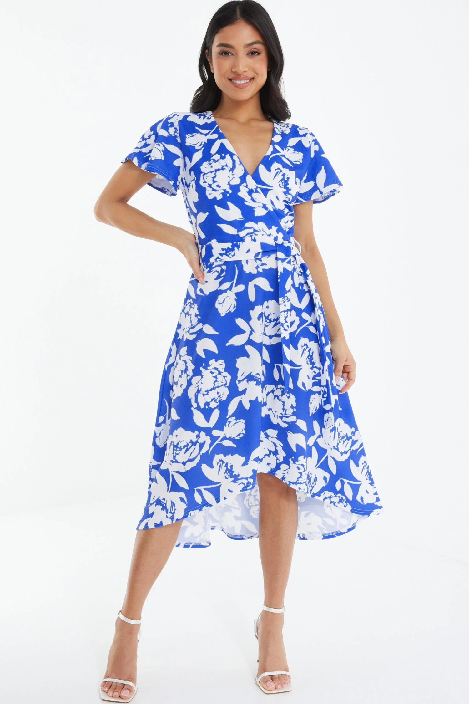 Petite Royal Blue Floral Dip Hem Midi Dress 2 Petite Royal Blue Floral Dip Hem Midi Dress - Image 2