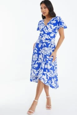 Petite Royal Blue Floral Dip Hem Midi Dress 9 Petite Royal Blue Floral Dip Hem Midi Dress -Women Clothing Sales Store 00100038399 XS