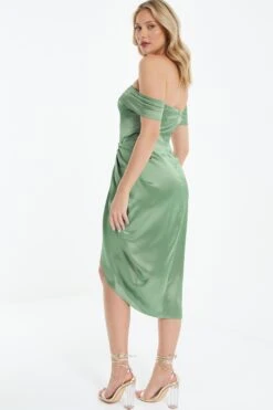 Sage Satin Ruched Bardot Midi Dress 8 Sage Satin Ruched Bardot Midi Dress -Women Clothing Sales Store 00100038471 XB