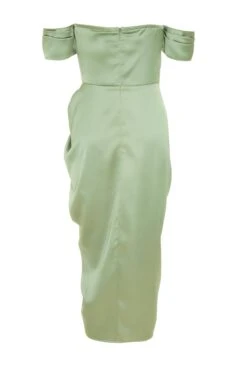 Sage Satin Ruched Bardot Midi Dress 10 Sage Satin Ruched Bardot Midi Dress -Women Clothing Sales Store 00100038471 ZB