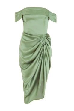 Sage Satin Ruched Bardot Midi Dress