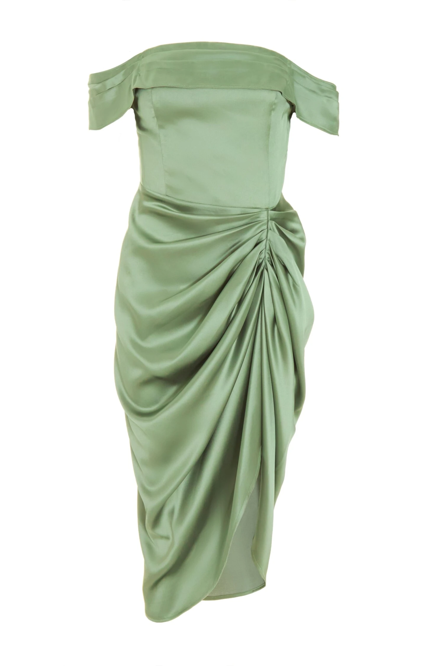 Sage Satin Ruched Bardot Midi Dress 1 Sage Satin Ruched Bardot Midi Dress