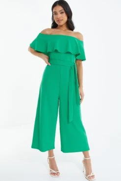 Petite Green Bardot Frill Culotte Jumpsuit -Women Clothing Sales Store 00100038487 XM