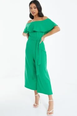Petite Green Bardot Frill Culotte Jumpsuit -Women Clothing Sales Store 00100038487 XS