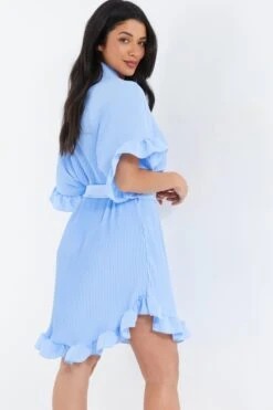 Blue Oversized Pleated Shirt Dress 8 Blue Oversized Pleated Shirt Dress -Women Clothing Sales Store 00100038566 XB