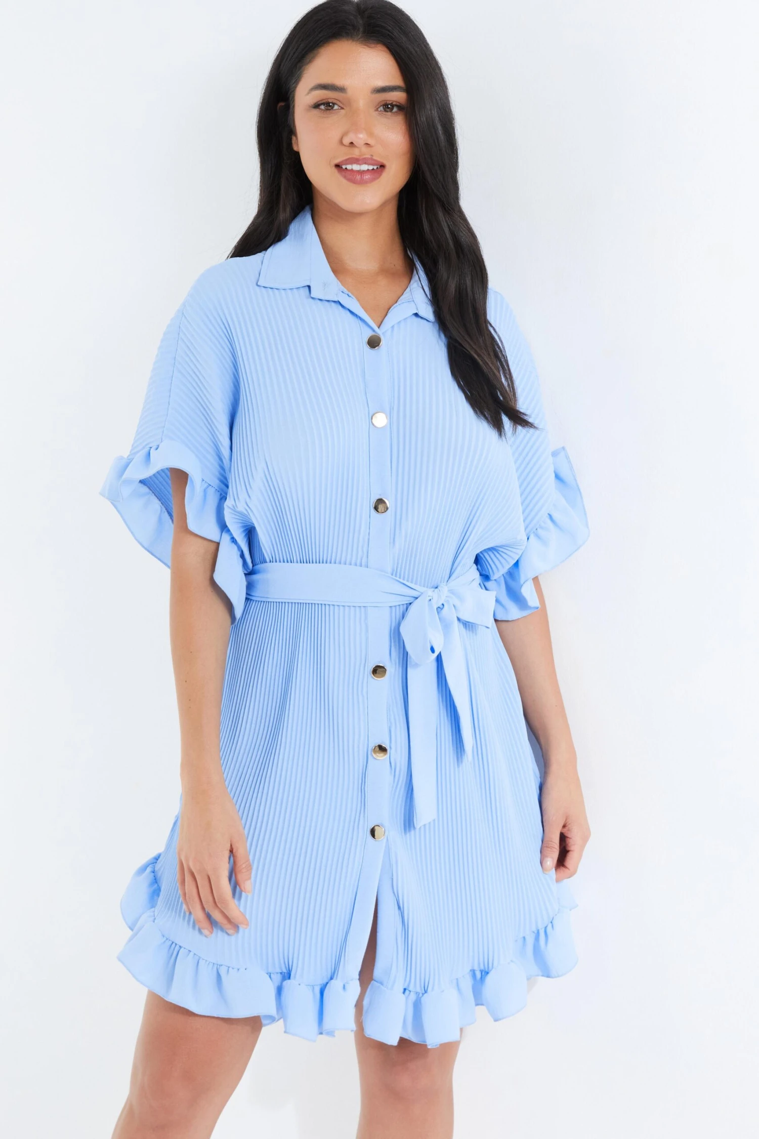 Blue Oversized Pleated Shirt Dress 2 Blue Oversized Pleated Shirt Dress - Image 2