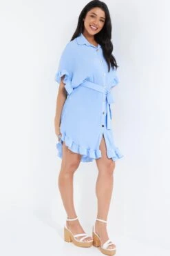 Blue Oversized Pleated Shirt Dress 9 Blue Oversized Pleated Shirt Dress -Women Clothing Sales Store 00100038566 XS