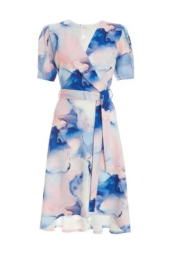 Blue Marble Print Dip Hem Dress