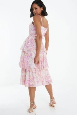 Pink Floral Tiered Midi Dress -Women Clothing Sales Store 00100038871 XB