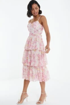 Pink Floral Tiered Midi Dress -Women Clothing Sales Store 00100038871 XS