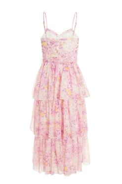 Pink Floral Tiered Midi Dress -Women Clothing Sales Store 00100038871 ZB