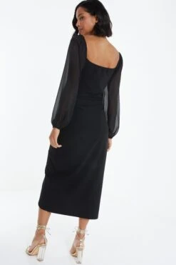 Black Ruched Mesh Midi Dress -Women Clothing Sales Store 00100038877 XB
