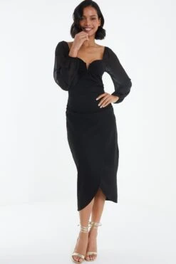Black Ruched Mesh Midi Dress -Women Clothing Sales Store 00100038877 XS