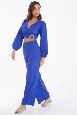 Blue Wrap Long Sleeve Crop Top -Women Clothing Sales Store 00100039037 XS