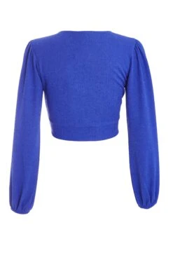 Blue Wrap Long Sleeve Crop Top -Women Clothing Sales Store 00100039037 ZB