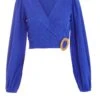 Blue Wrap Long Sleeve Crop Top -Women Clothing Sales Store 00100039037 ZM