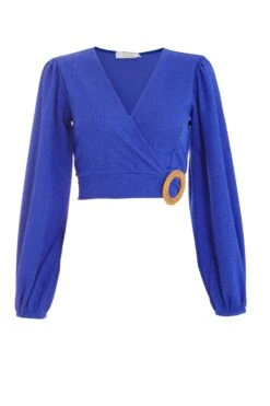 Blue Wrap Long Sleeve Crop Top
