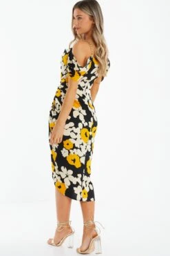 Black Floral Cold Shoulder Midi Dress -Women Clothing Sales Store 00100039068 XB