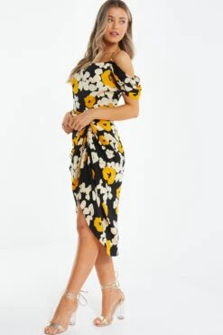Black Floral Cold Shoulder Midi Dress -Women Clothing Sales Store 00100039068 XS