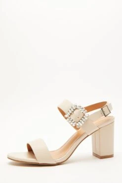 Nude Diamante Buckle Block Heels