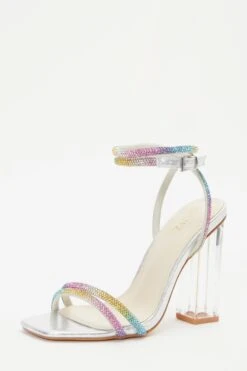 Multicoloured Diamante Clear Block Heeled Sandals -Women Clothing Sales Store 00100039191 XB