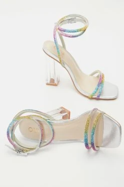 Multicoloured Diamante Clear Block Heeled Sandals -Women Clothing Sales Store 00100039191 XS