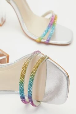 Multicoloured Diamante Clear Block Heeled Sandals -Women Clothing Sales Store 00100039191 ZB