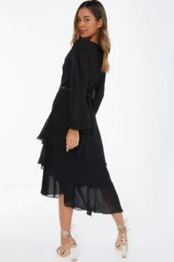 Black Long Sleeve Tiered Midi Dress 8 Black Long Sleeve Tiered Midi Dress -Women Clothing Sales Store 00100039359 XB