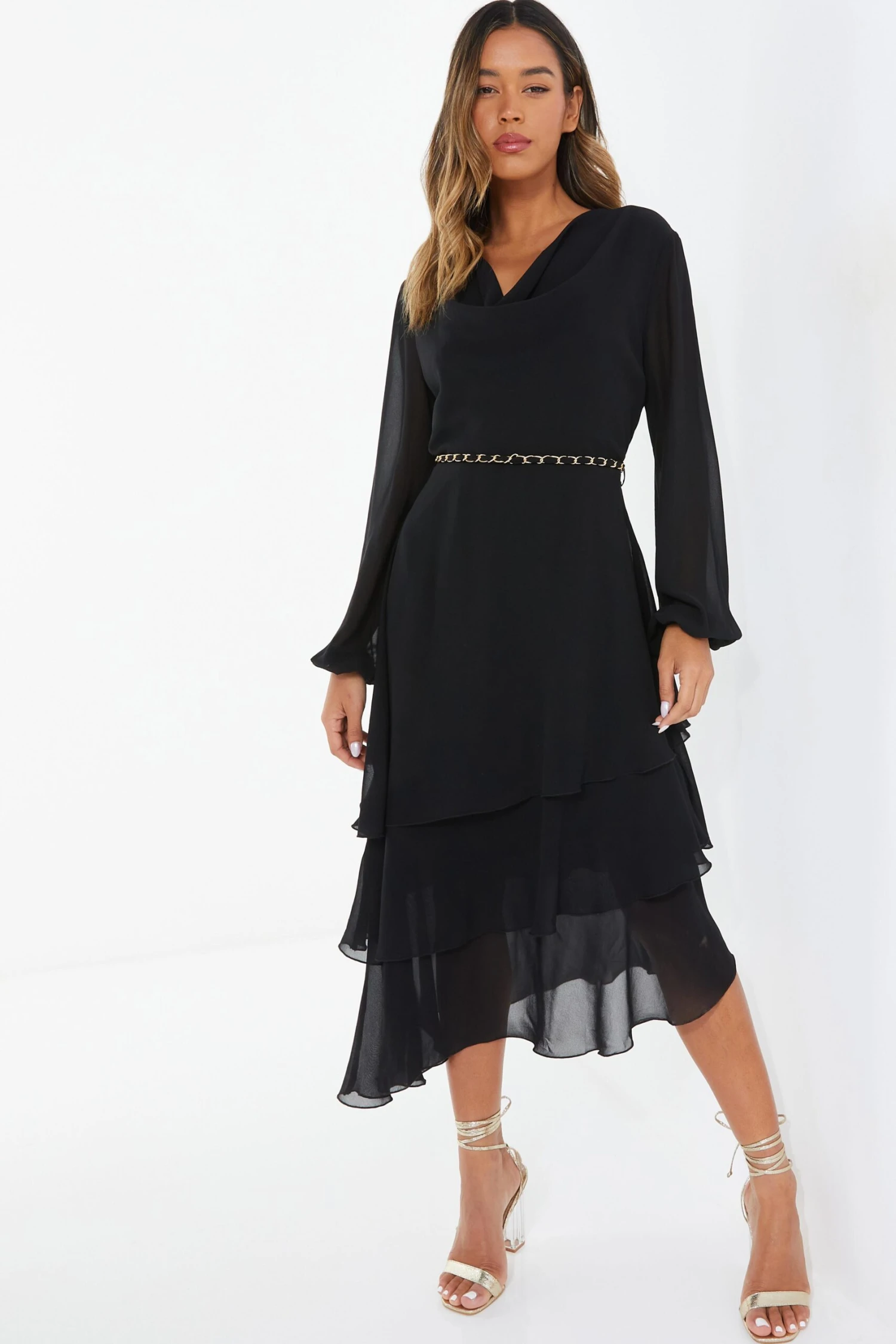 Black Long Sleeve Tiered Midi Dress 2 Black Long Sleeve Tiered Midi Dress - Image 2