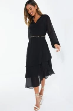 Black Long Sleeve Tiered Midi Dress 9 Black Long Sleeve Tiered Midi Dress -Women Clothing Sales Store 00100039359 XS