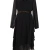 Black Long Sleeve Tiered Midi Dress -Women Clothing Sales Store 00100039359 ZM
