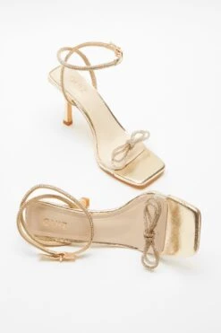Gold Bow Heeled Sandals -Women Clothing Sales Store 00100039713 XS
